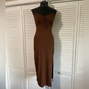 No Comment NY LA Brown Dress Sz L spaghetti strap stretchy form fitting